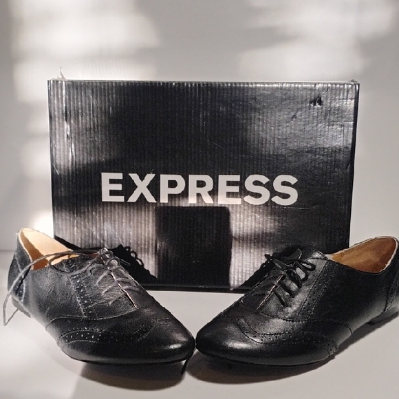 Express Black Leather Oxford Shoes with Brogue Detailing...